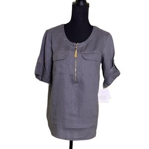 NWT Ellen Tracy 1/4  Zip Roll Tab Linen Tunic Blouse